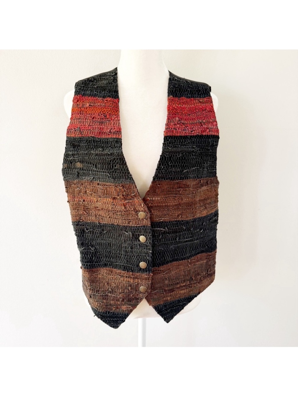 Vintage Women Woven Stripe Suede Leather Vest Medium Boho Indie 90s Layers Black